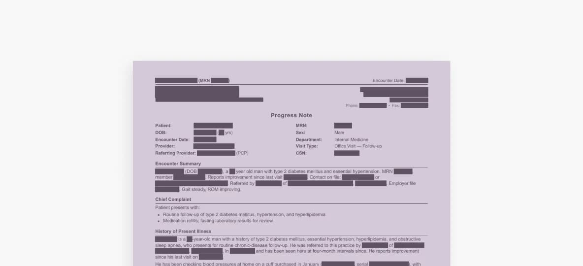 A clinical chart note with its identifiers blacked out.